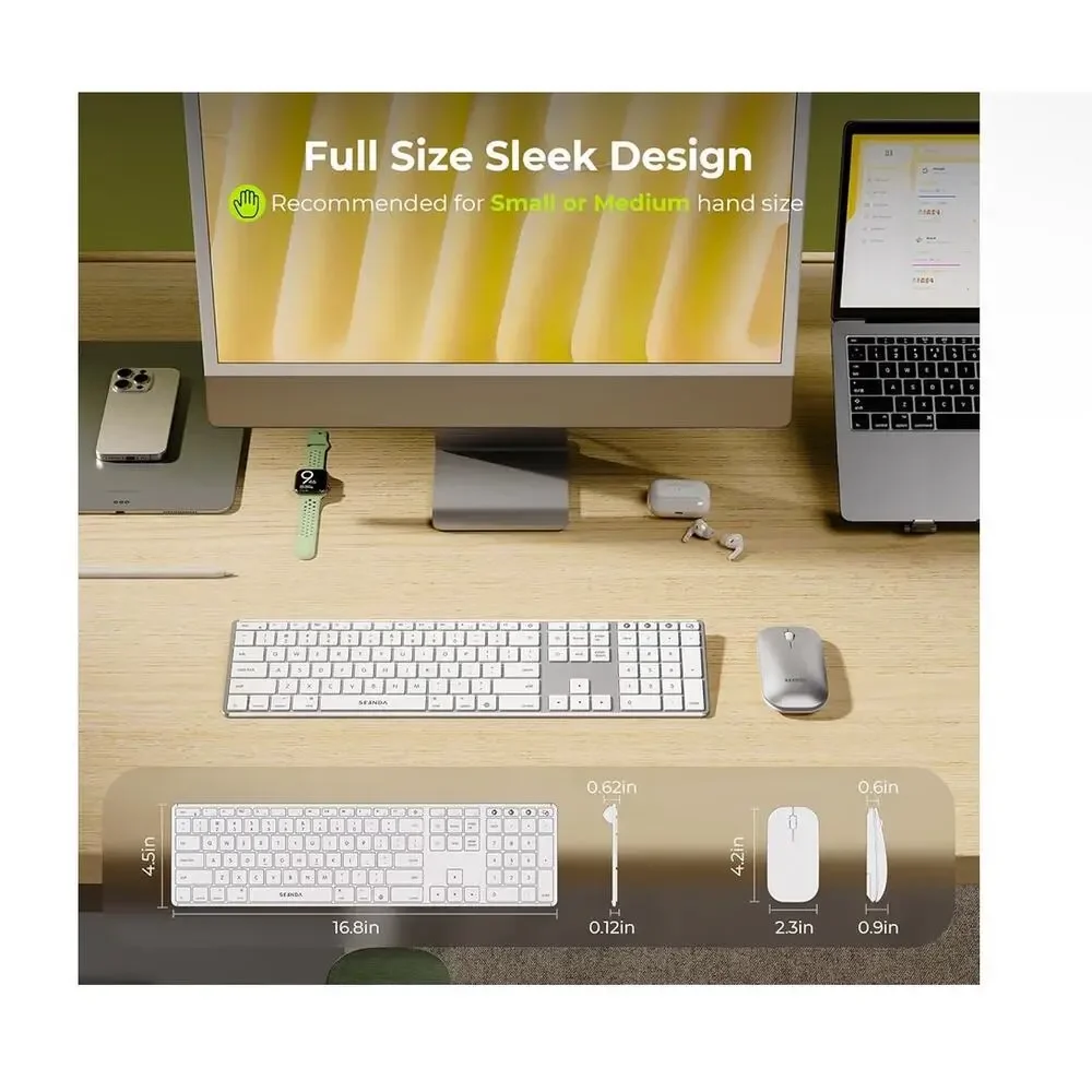 seenda COS500 Bluetooth Keyboard and Mouse, Slim, White/Silver Rechargeable